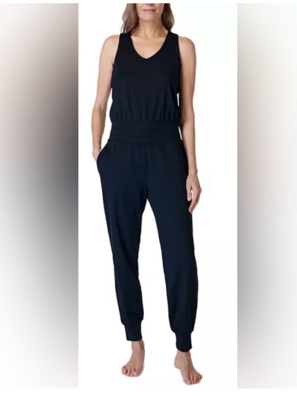 Sweaty Betty Black Sleeveless V-Neck Jumpsuit with Elastic Waistband